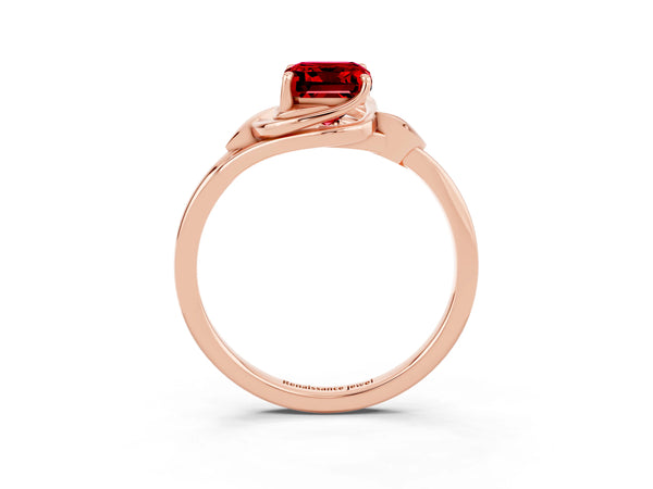 Rose gold Emerald Cut Ruby Solitaire Ring with Twist Band and Four-Prong Setting