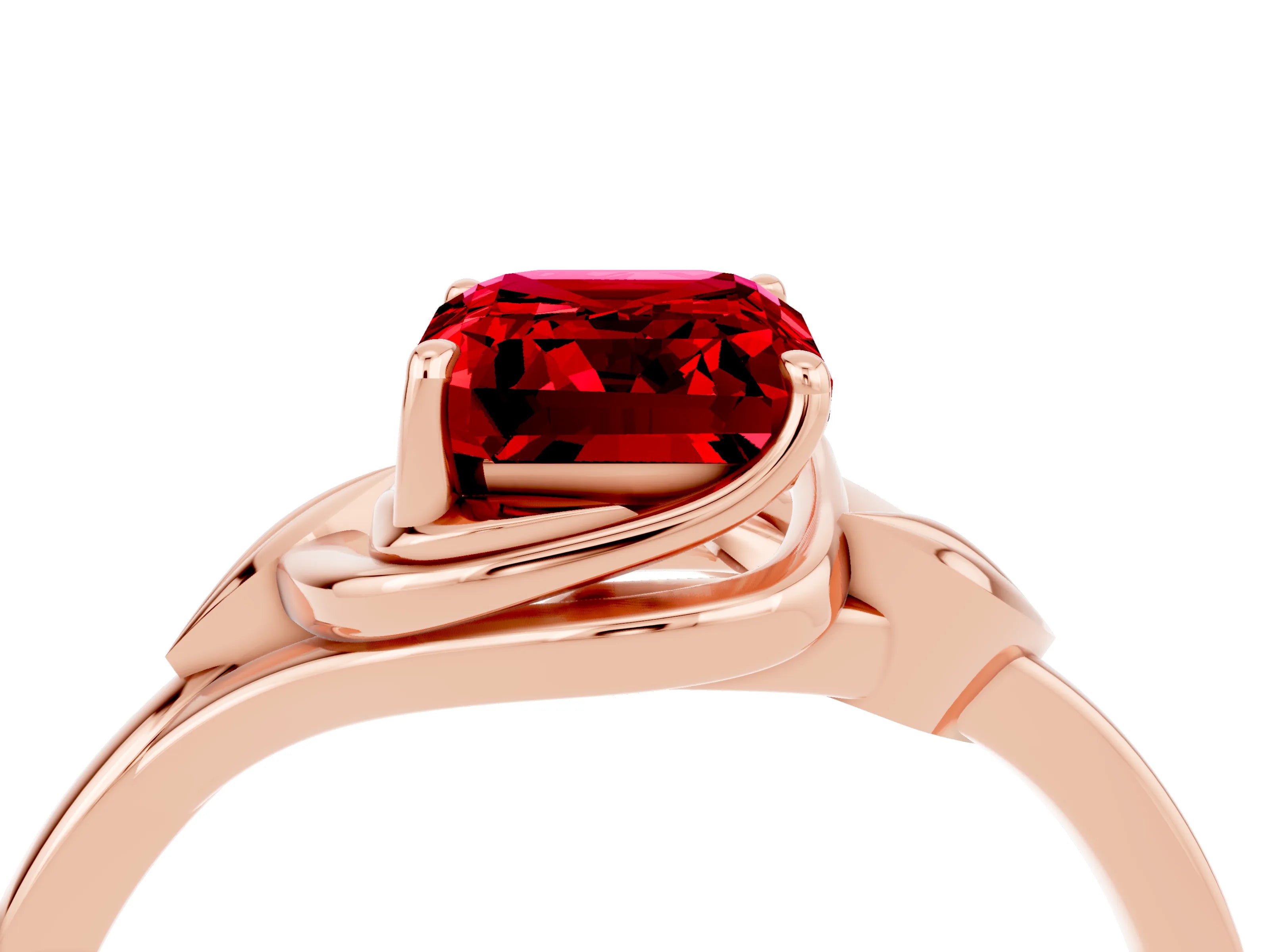 Rose gold Emerald Cut Ruby Solitaire Ring with Twist Band and Four-Prong Setting_28