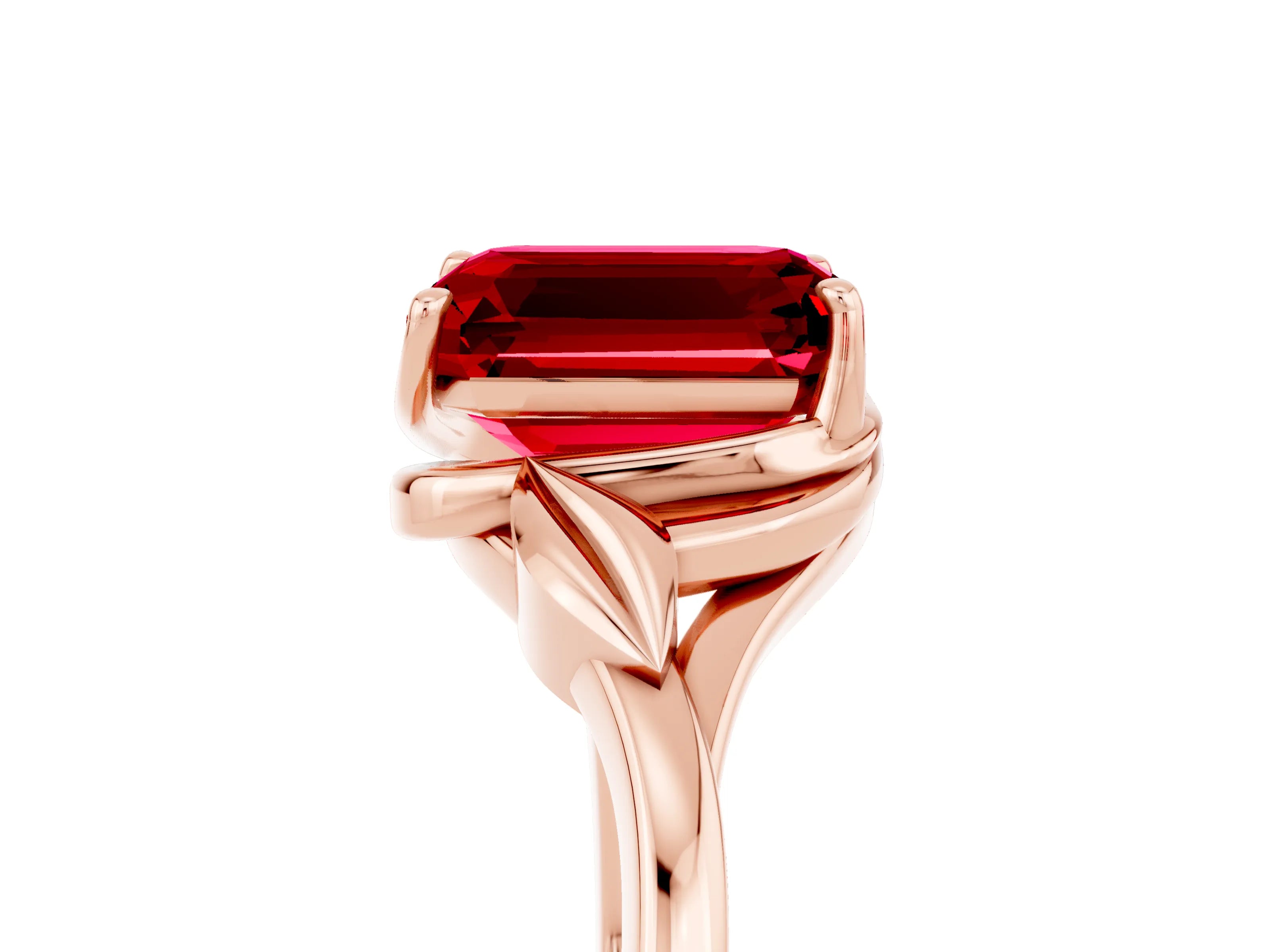 Rose gold Emerald Cut Ruby Solitaire Ring with Twist Band and Four-Prong Setting_29