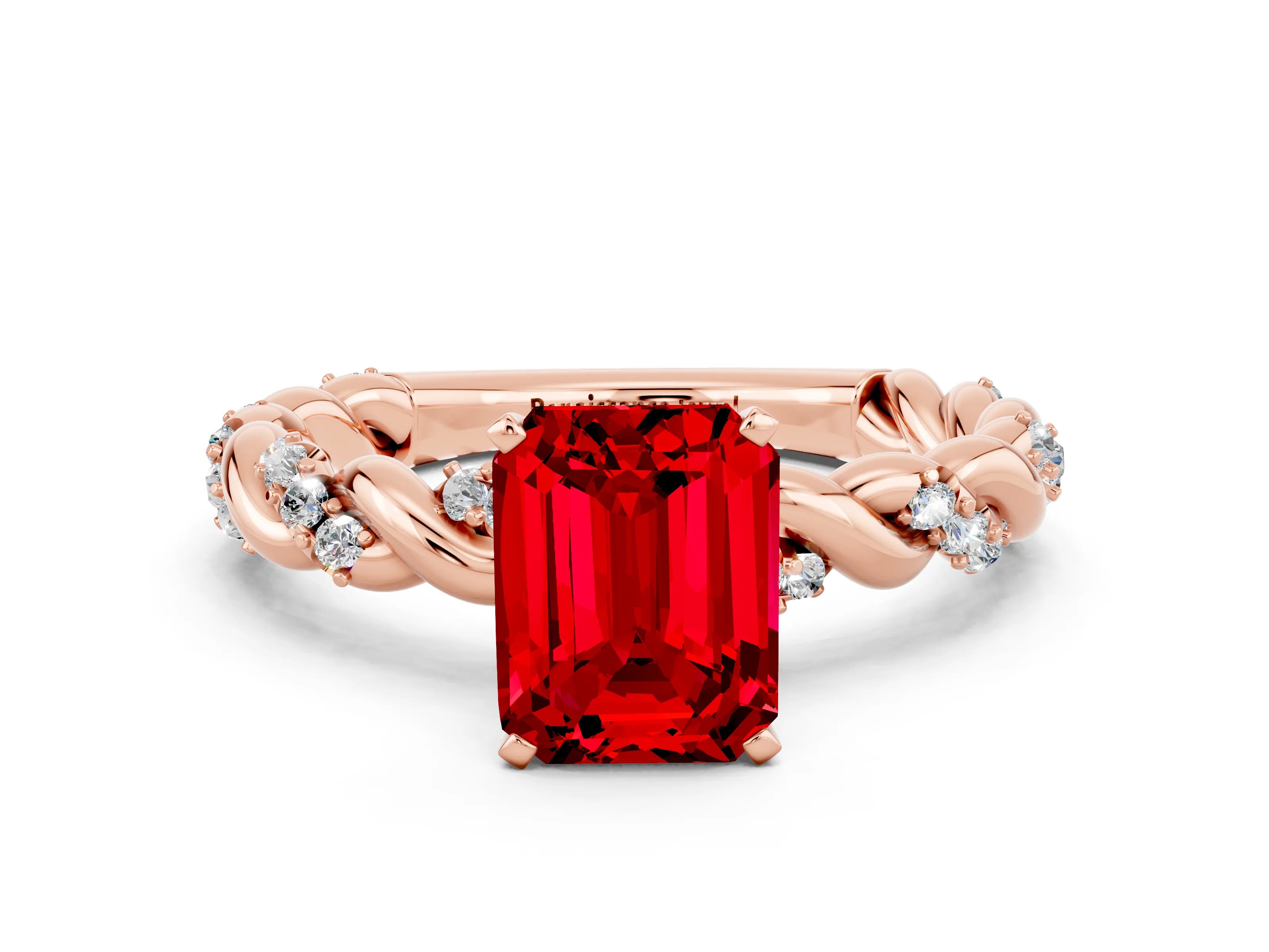Rose gold Emerald Cut Ruby Solitaire Ring with Twisted Band and Pavé Accents