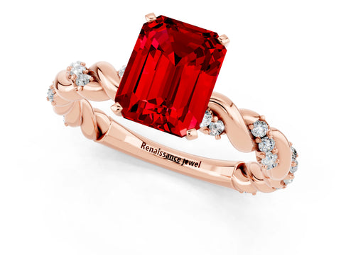 Rose gold Emerald Cut Ruby Solitaire Ring with Twisted Band and Pavé Accents_1