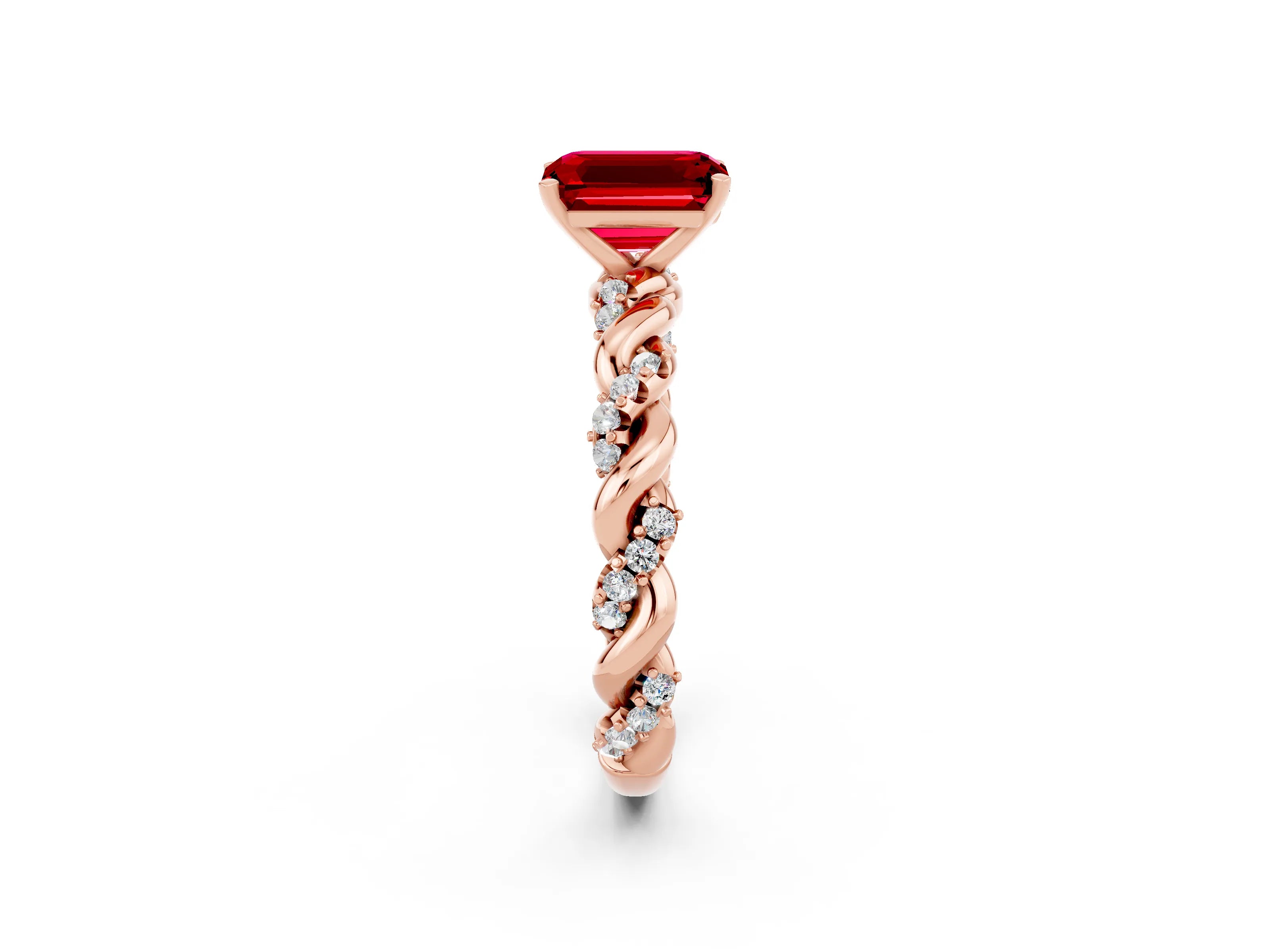 Rose gold Emerald Cut Ruby Solitaire Ring with Twisted Band and Pavé Accents_2
