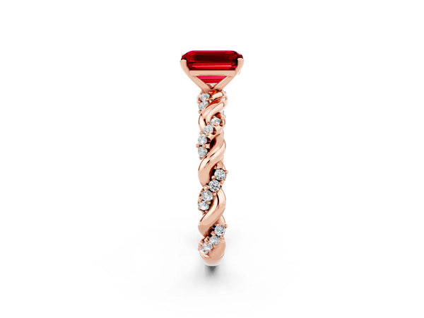 Rose gold Emerald Cut Ruby Solitaire Ring with Twisted Band and Pavé Accents