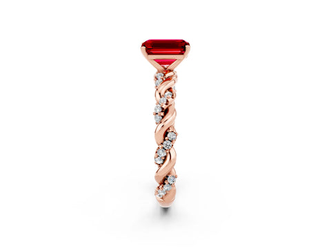 Rose gold Emerald Cut Ruby Solitaire Ring with Twisted Band and Pavé Accents_2