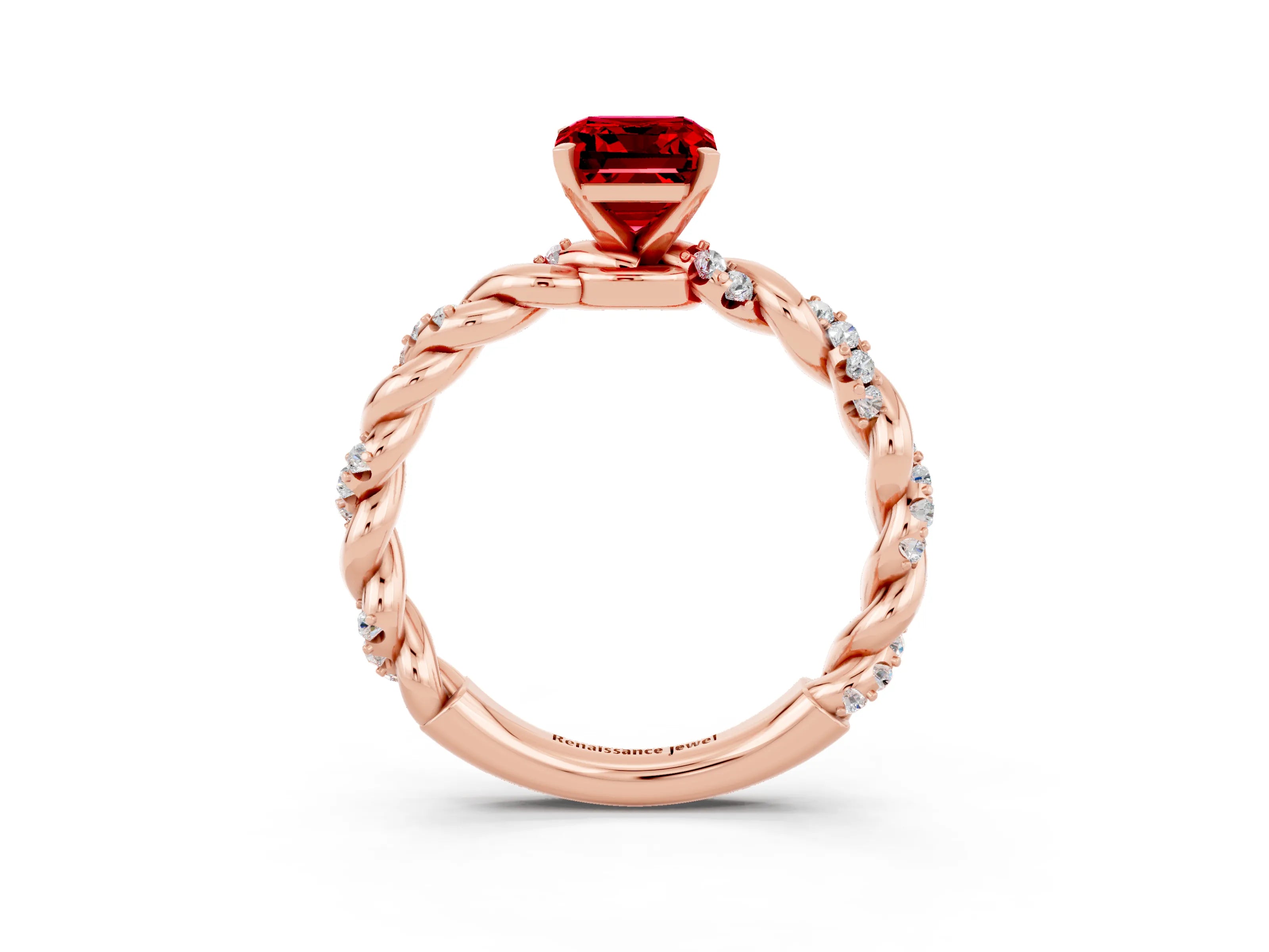 Rose gold Emerald Cut Ruby Solitaire Ring with Twisted Band and Pavé Accents_3