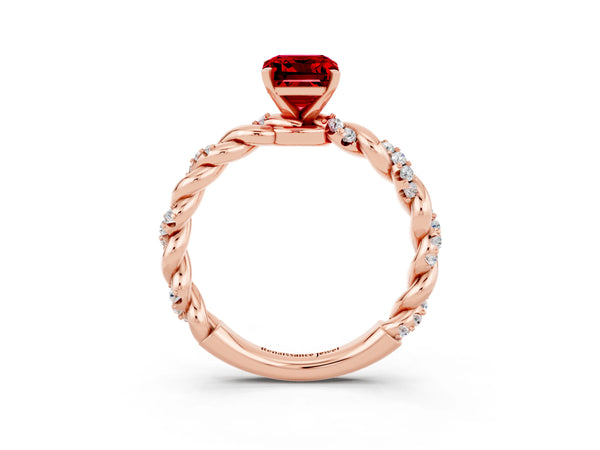 Rose gold Emerald Cut Ruby Solitaire Ring with Twisted Band and Pavé Accents