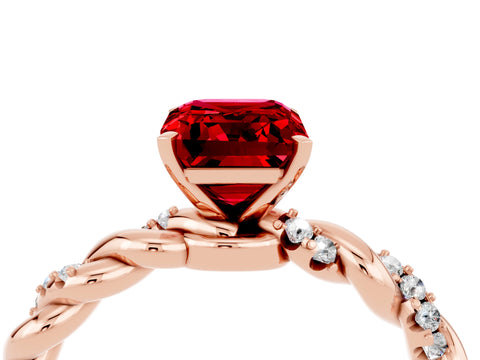 Rose gold Emerald Cut Ruby Solitaire Ring with Twisted Band and Pavé Accents_4