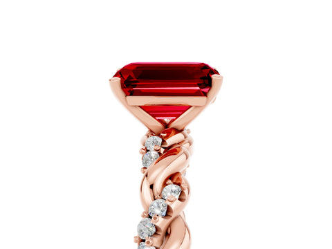 Rose gold Emerald Cut Ruby Solitaire Ring with Twisted Band and Pavé Accents_5