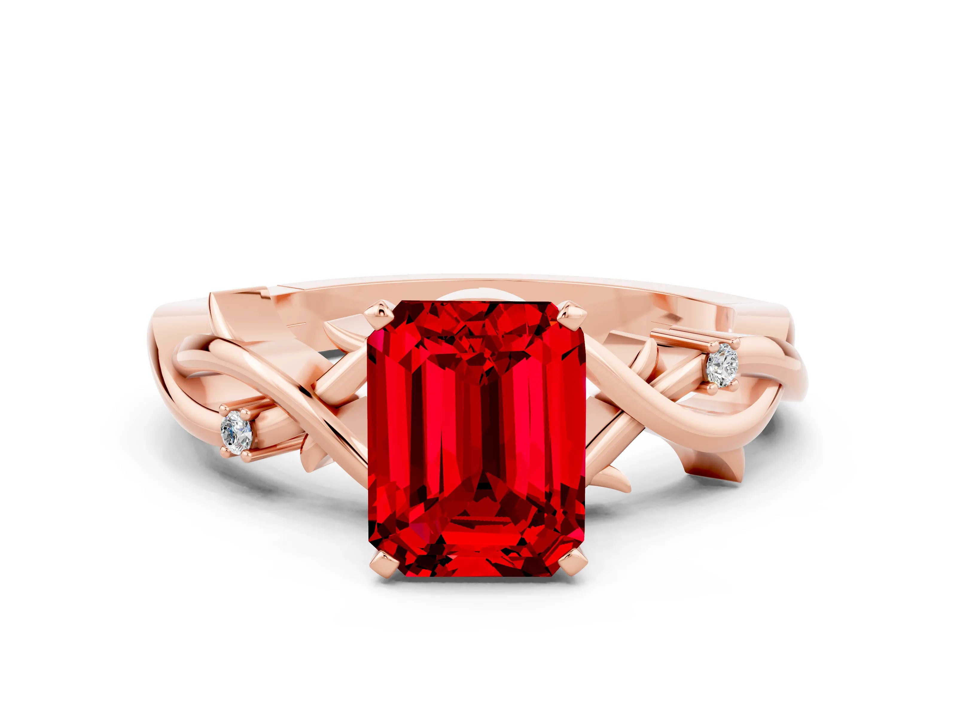 Rose gold Emerald Cut Ruby Solitaire Ring with Twisted Band and Prong Setting