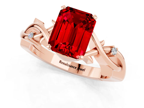 Rose gold Emerald Cut Ruby Solitaire Ring with Twisted Band and Prong Setting_1