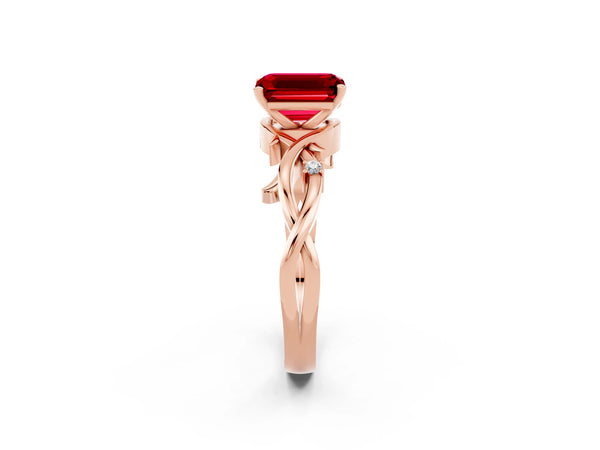 Rose gold Emerald Cut Ruby Solitaire Ring with Twisted Band and Prong Setting