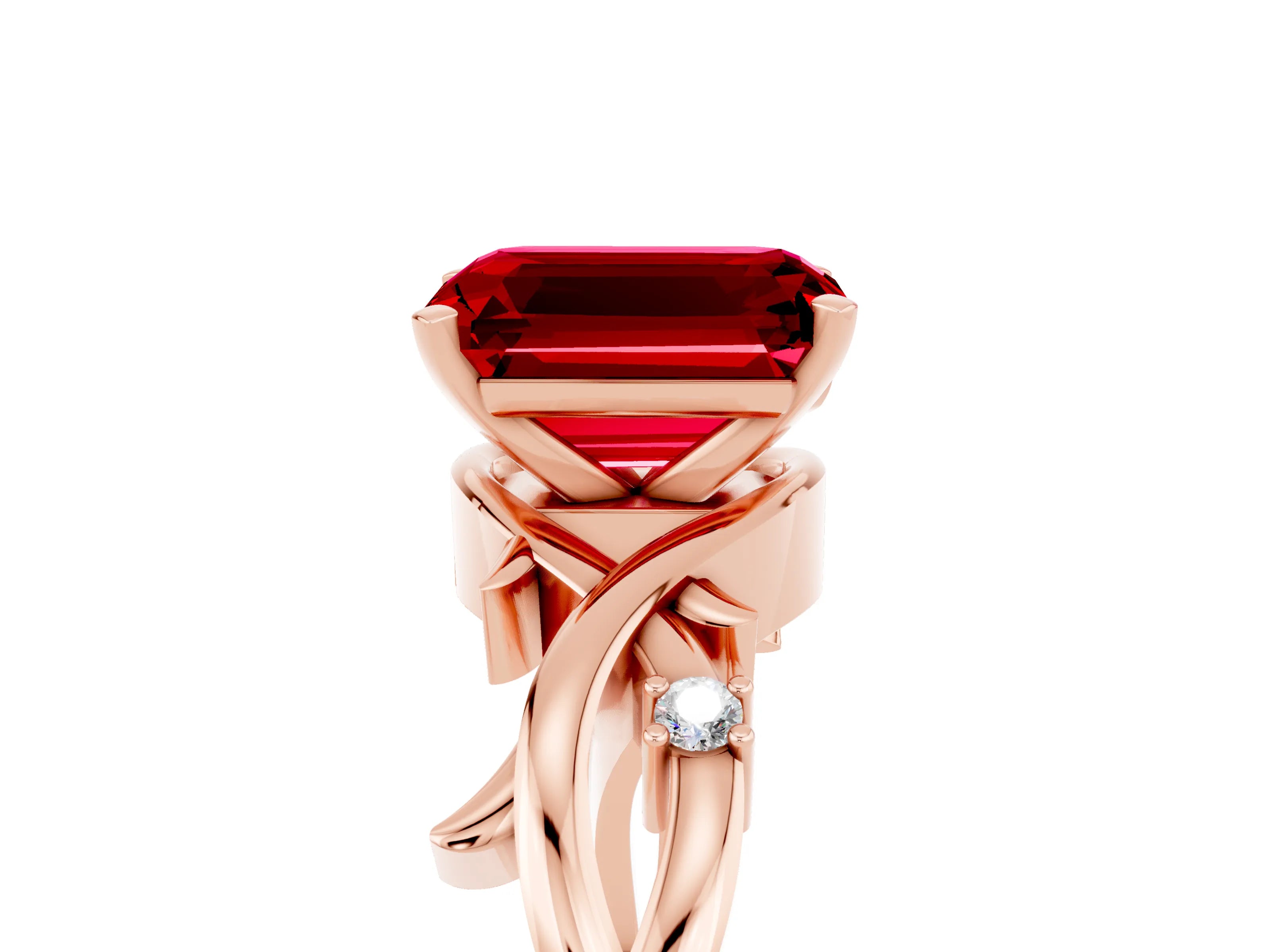 Rose gold Emerald Cut Ruby Solitaire Ring with Twisted Band and Prong Setting_5