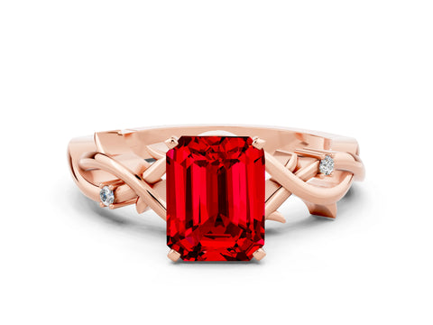 Rose gold Emerald Cut Ruby Solitaire Ring with Twisted Band and Prong Setting