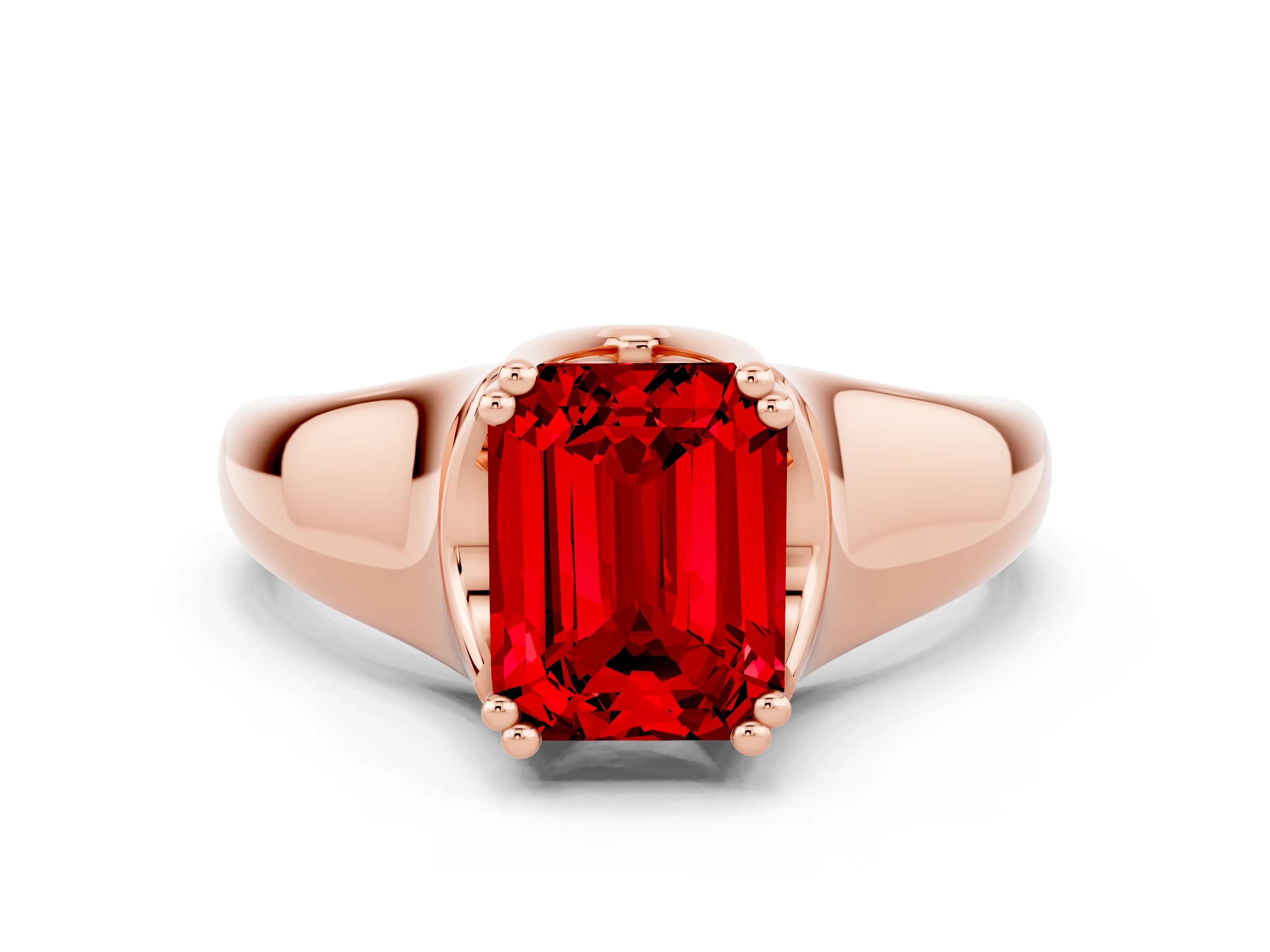 Rose gold Emerald Cut Ruby Solitaire Ring with Wide Band and Prong Setting