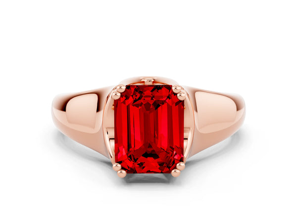 Rose gold Emerald Cut Ruby Solitaire Ring with Wide Band and Prong Setting