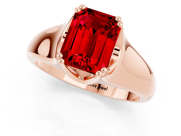 Rose gold Emerald Cut Ruby Solitaire Ring with Wide Band and Prong Setting