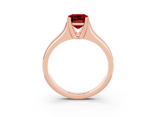 Rose gold Emerald Cut Ruby Solitaire Ring with Wide Band and Prong Setting