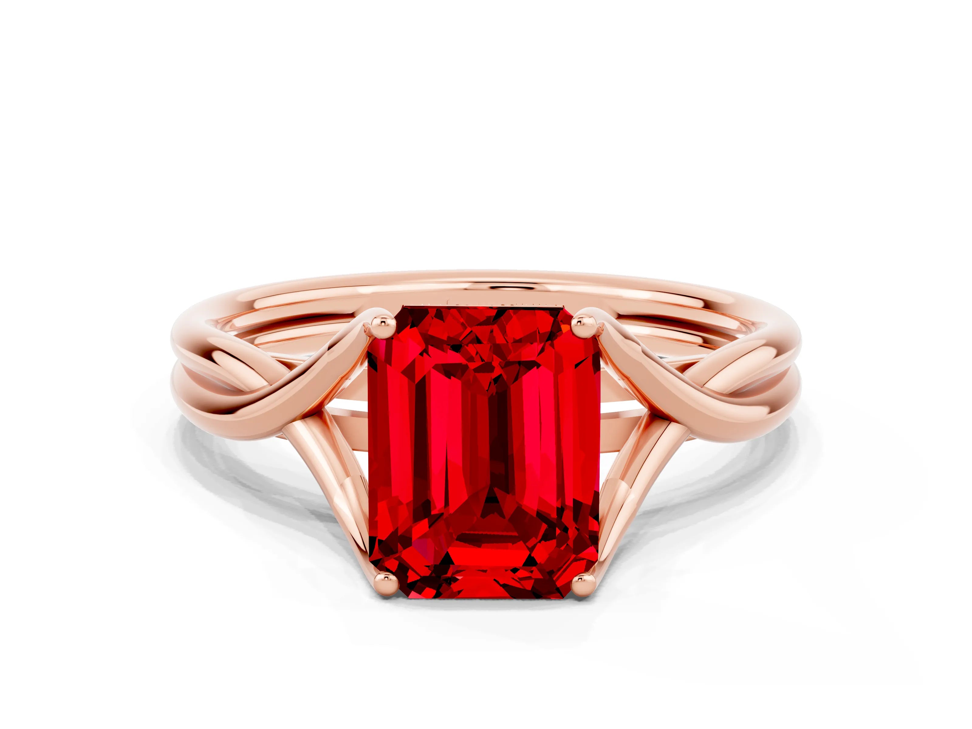 Rose gold Emerald Cut Ruby Solitaire Twist Band Prong Setting Ring_48