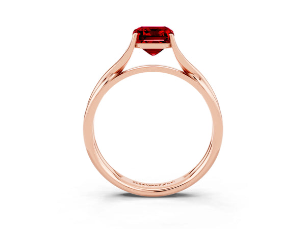 Rose gold Emerald Cut Ruby Solitaire Twist Band Prong Setting Ring
