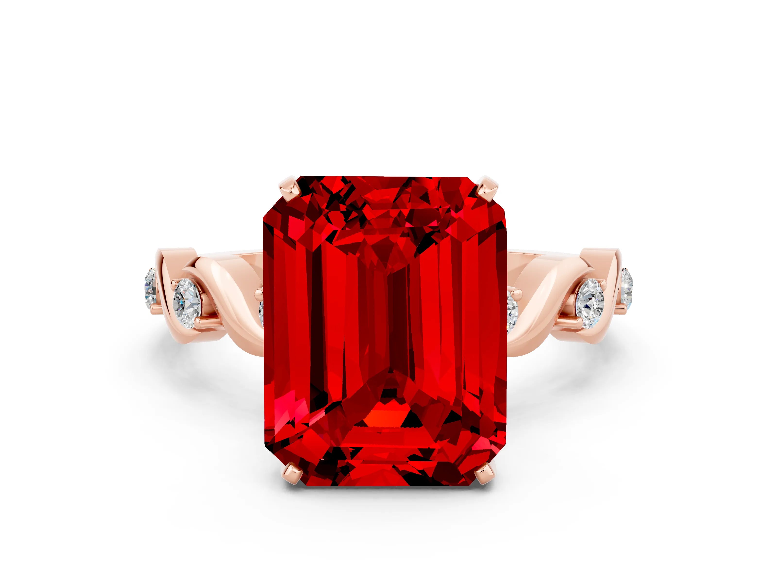 Rose gold Emerald Cut Ruby Solitaire Twisted Band with Round  Accents and Prong Setting_12