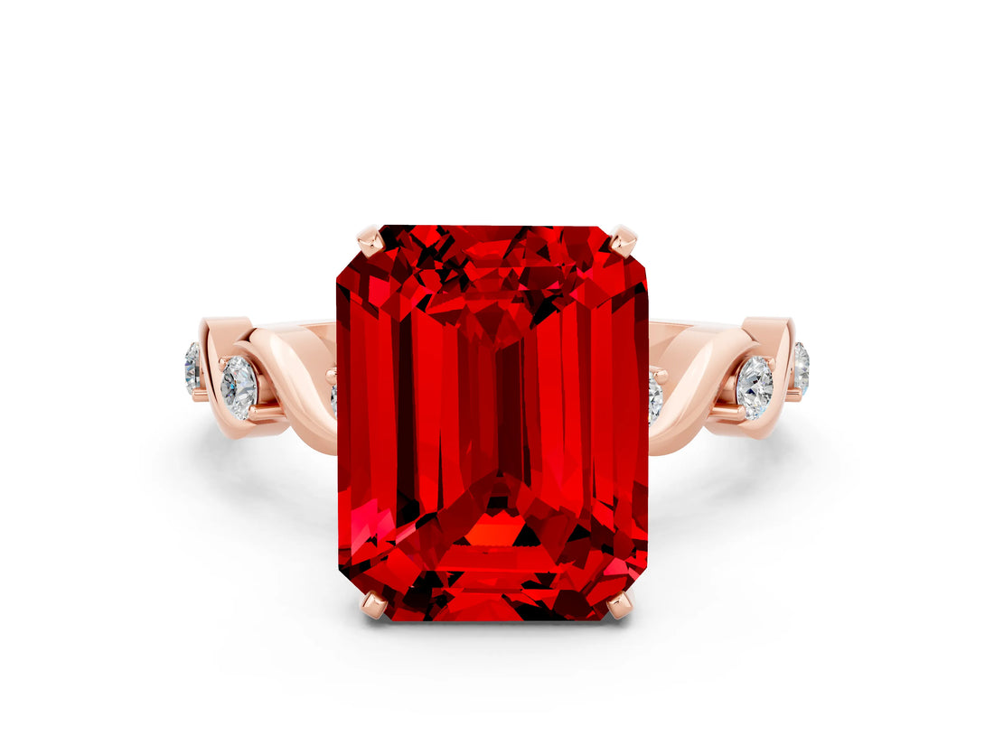 Rose gold Emerald Cut Ruby Solitaire Twisted Band with Round  Accents and Prong Setting_12