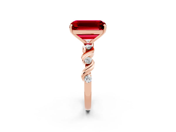 Rose gold Emerald Cut Ruby Solitaire Twisted Band with Round  Accents and Prong Setting