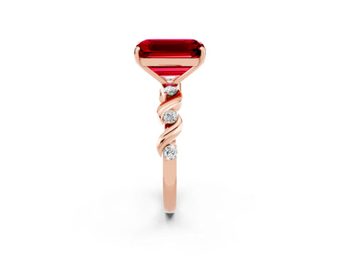 Rose gold Emerald Cut Ruby Solitaire Twisted Band with Round  Accents and Prong Setting_14