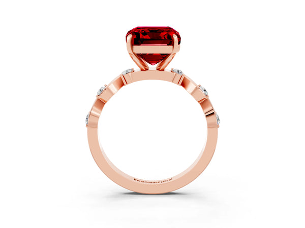Rose gold Emerald Cut Ruby Solitaire Twisted Band with Round  Accents and Prong Setting