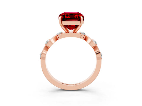 Rose gold Emerald Cut Ruby Solitaire Twisted Band with Round  Accents and Prong Setting_15