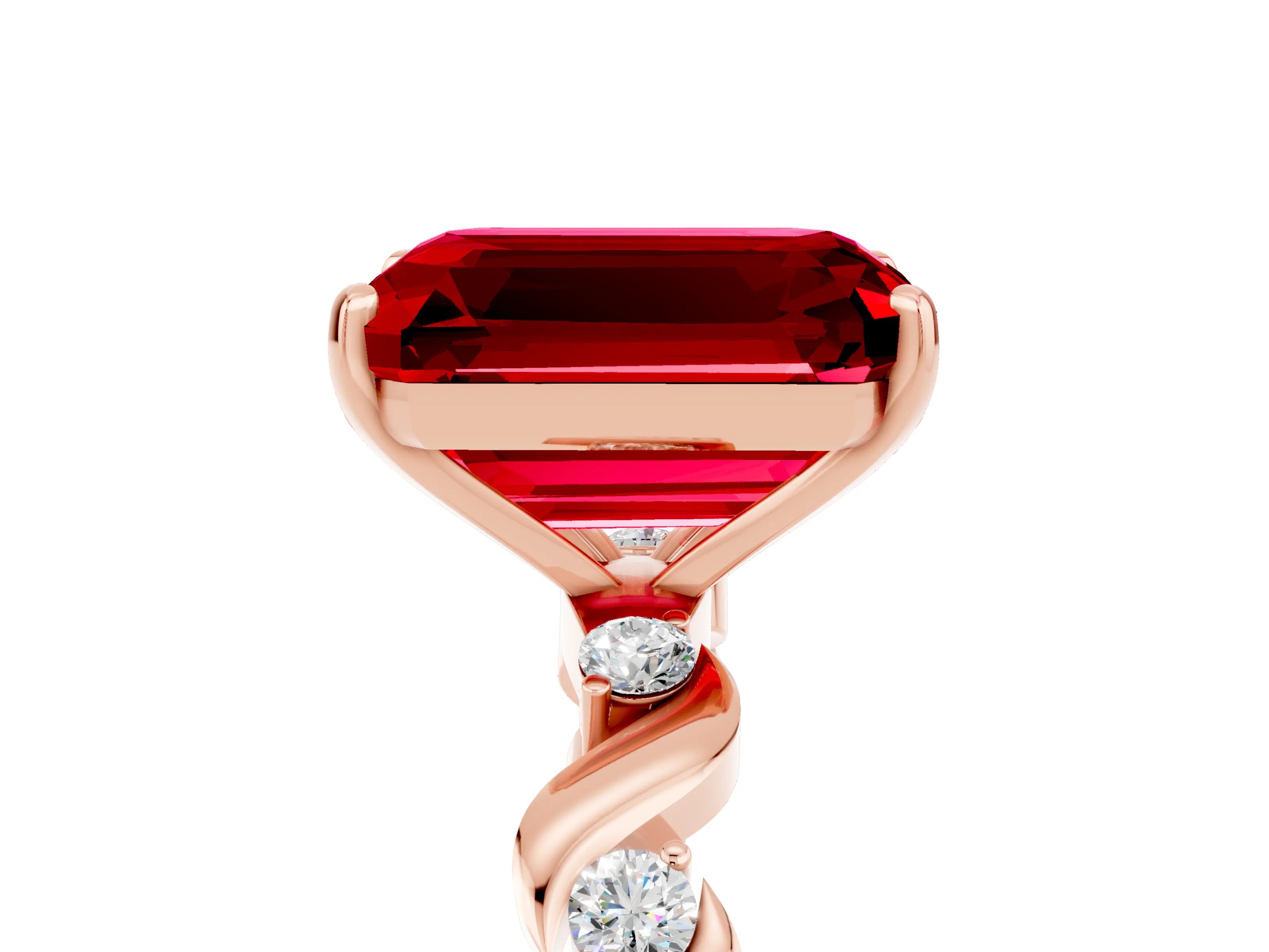 Rose gold Emerald Cut Ruby Solitaire Twisted Band with Round  Accents and Prong Setting_17