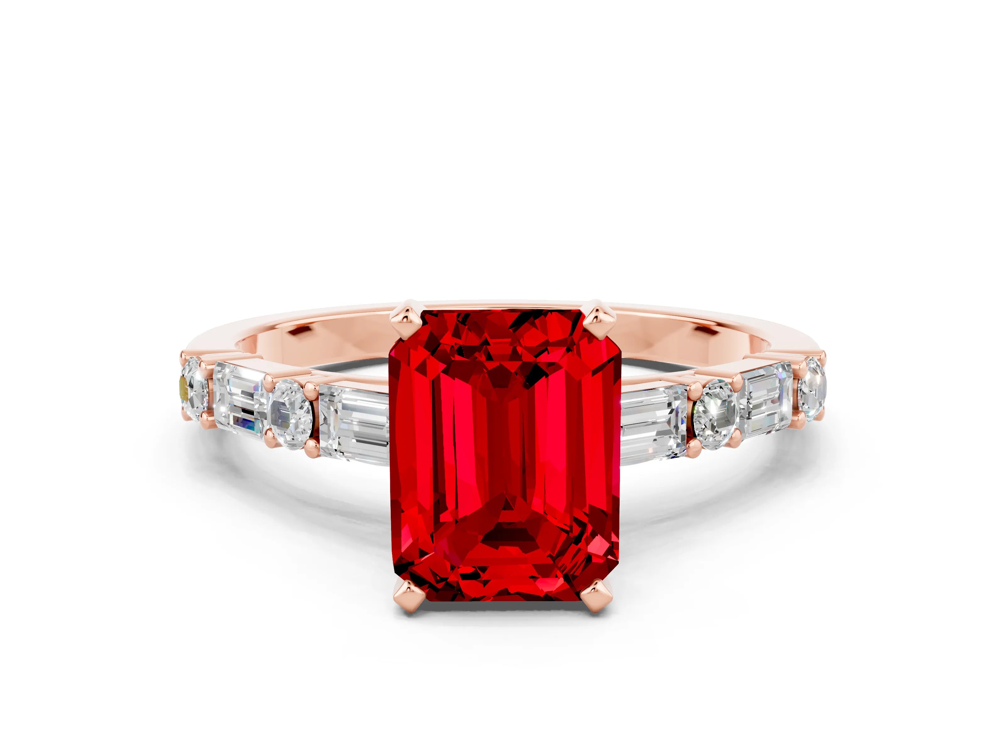 Rose gold Emerald Cut Ruby Solitaire with Side Baguettes and Channel Set Band