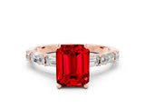 Rose gold Emerald Cut Ruby Solitaire with Side Baguettes and Channel Set Band