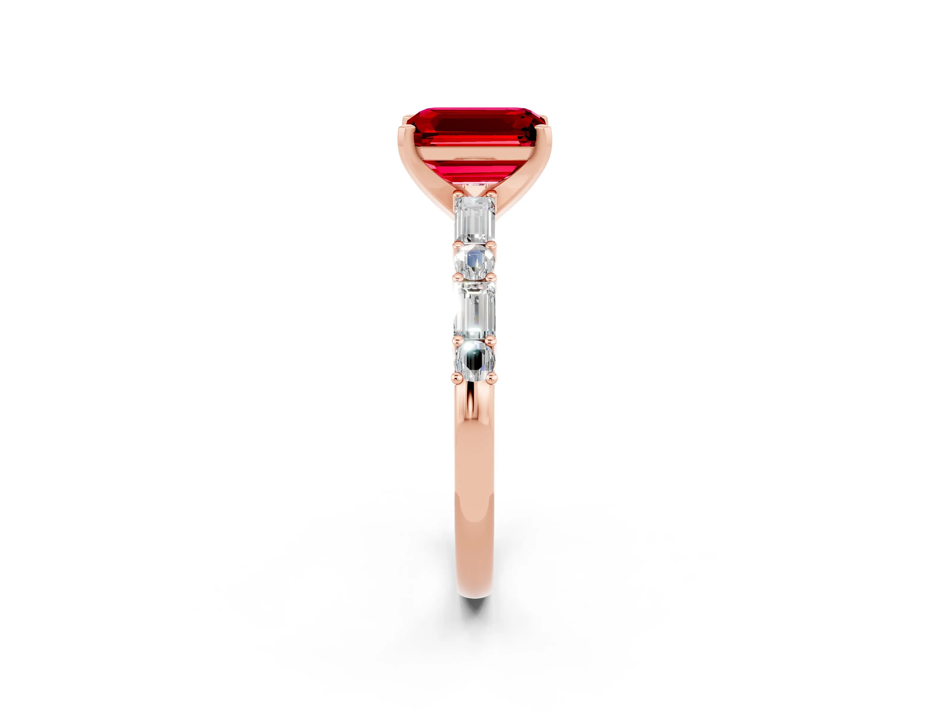 Rose gold Emerald Cut Ruby Solitaire with Side Baguettes and Channel Set Band_2
