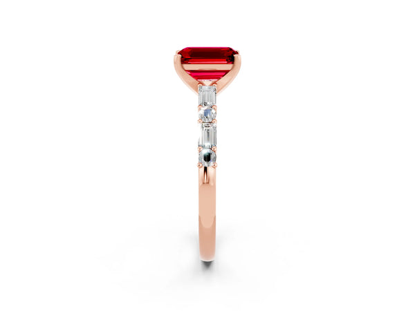 Rose gold Emerald Cut Ruby Solitaire with Side Baguettes and Channel Set Band