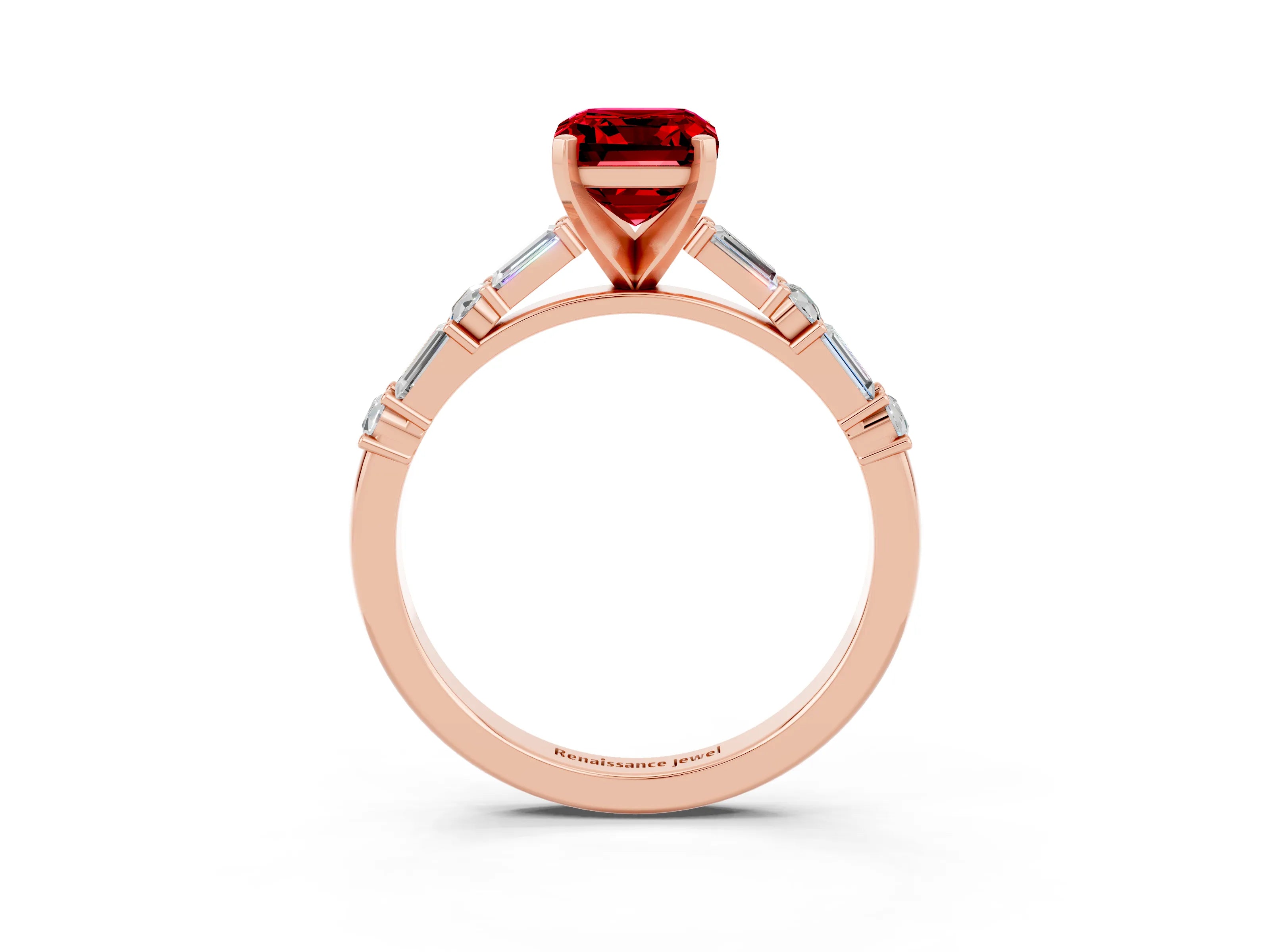 Rose gold Emerald Cut Ruby Solitaire with Side Baguettes and Channel Set Band_3