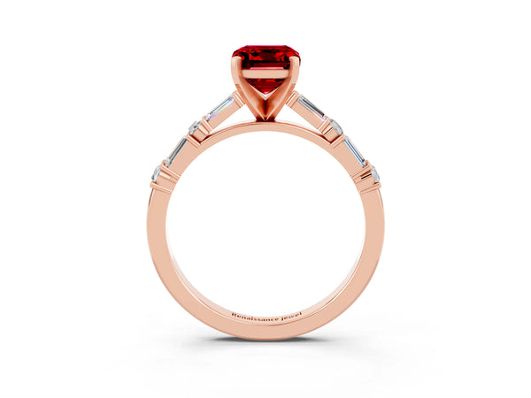 Rose gold Emerald Cut Ruby Solitaire with Side Baguettes and Channel Set Band