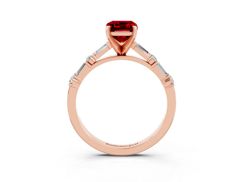 Rose gold Emerald Cut Ruby Solitaire with Side Baguettes and Channel Set Band_3