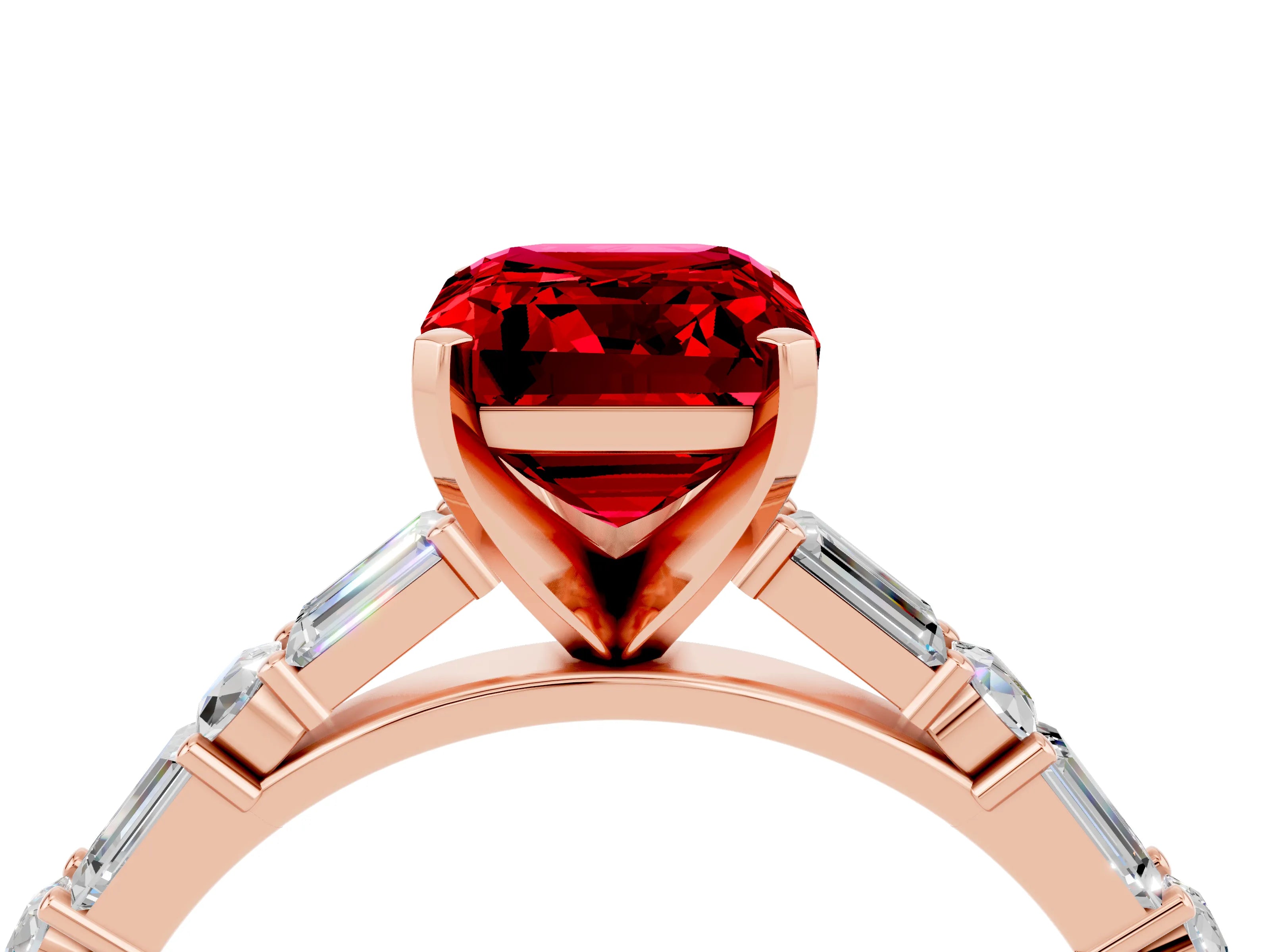 Rose gold Emerald Cut Ruby Solitaire with Side Baguettes and Channel Set Band_4