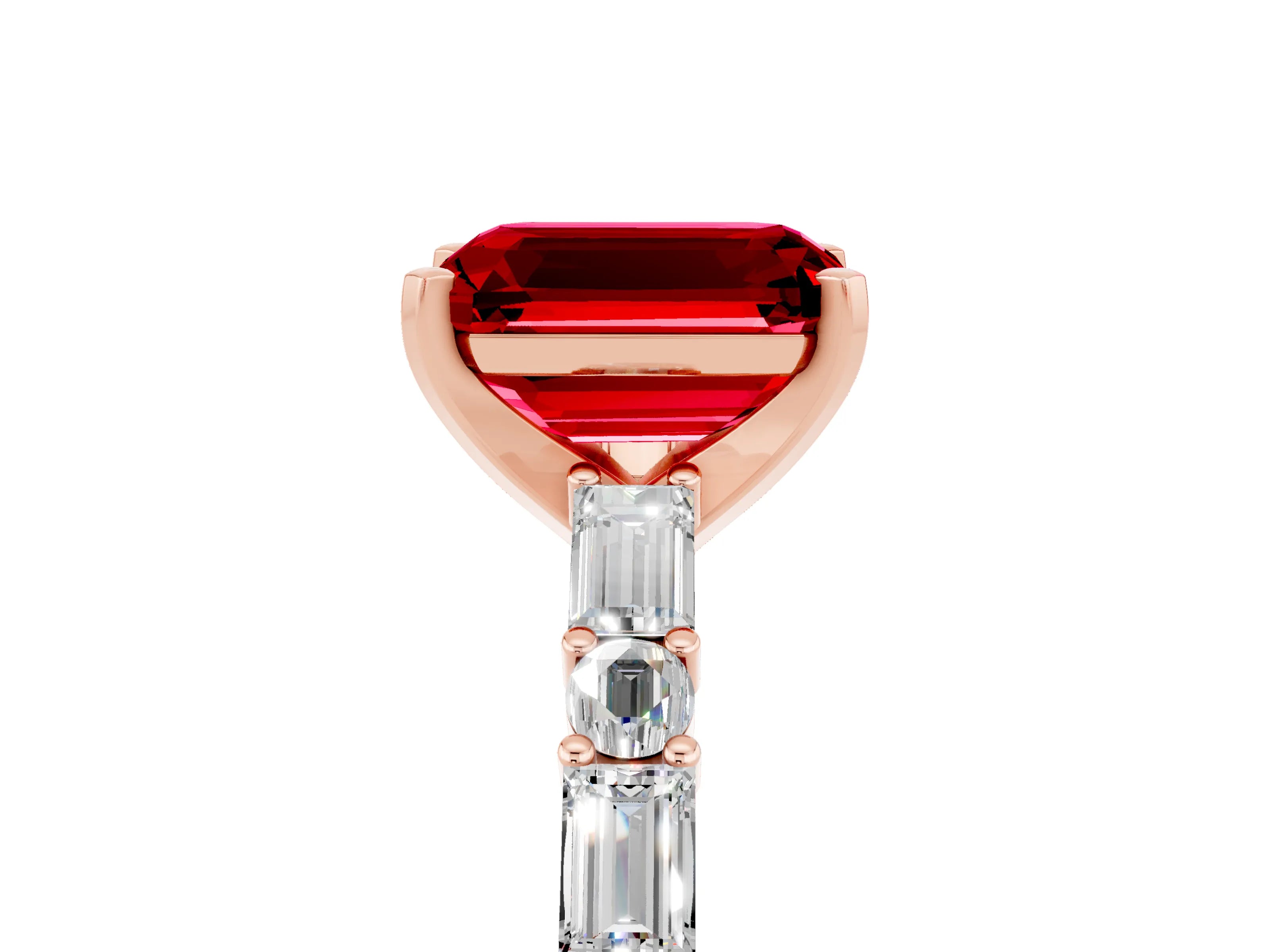 Rose gold Emerald Cut Ruby Solitaire with Side Baguettes and Channel Set Band_5