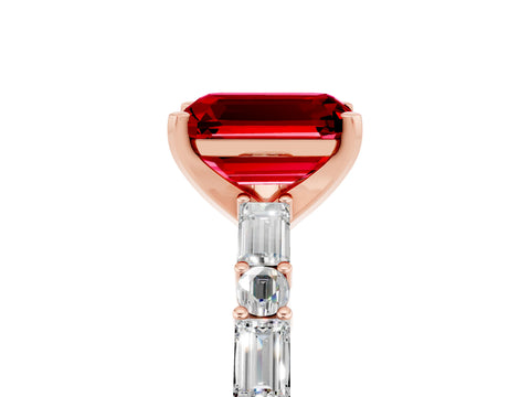Rose gold Emerald Cut Ruby Solitaire with Side Baguettes and Channel Set Band_5