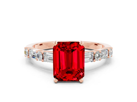 Rose gold Emerald Cut Ruby Solitaire with Side Baguettes and Channel Set Band
