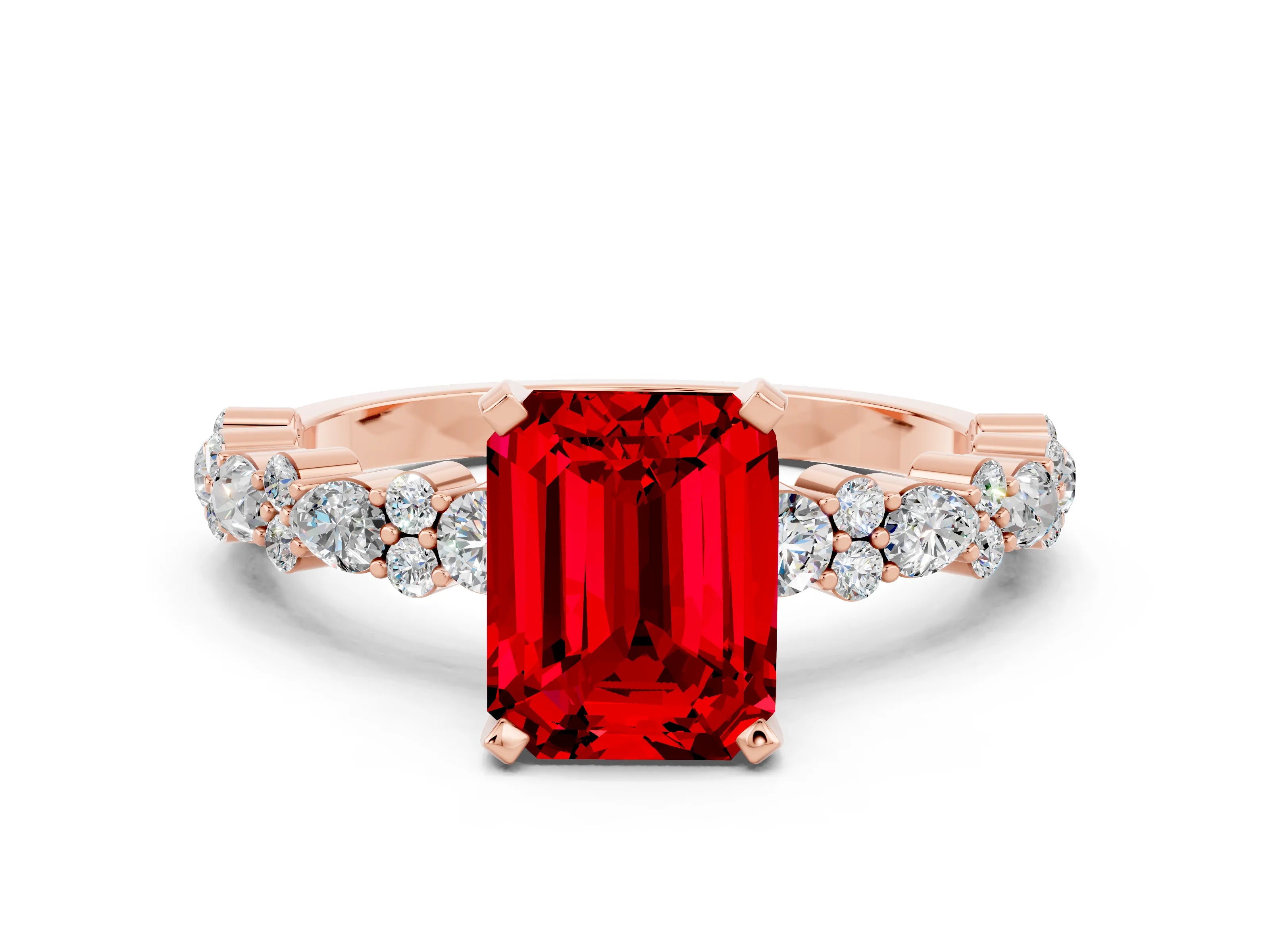 Rose gold Emerald Cut Ruby Solitaire with Side Stones, Pave Band, Four-Prong Setting_36
