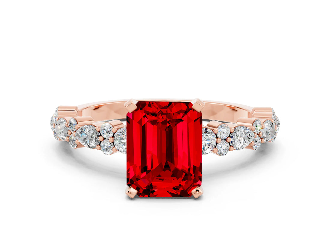Rose gold Emerald Cut Ruby Solitaire with Side Stones, Pave Band, Four-Prong Setting_36