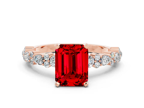 Rose gold Emerald Cut Ruby Solitaire with Side Stones, Pave Band, Four-Prong Setting_36