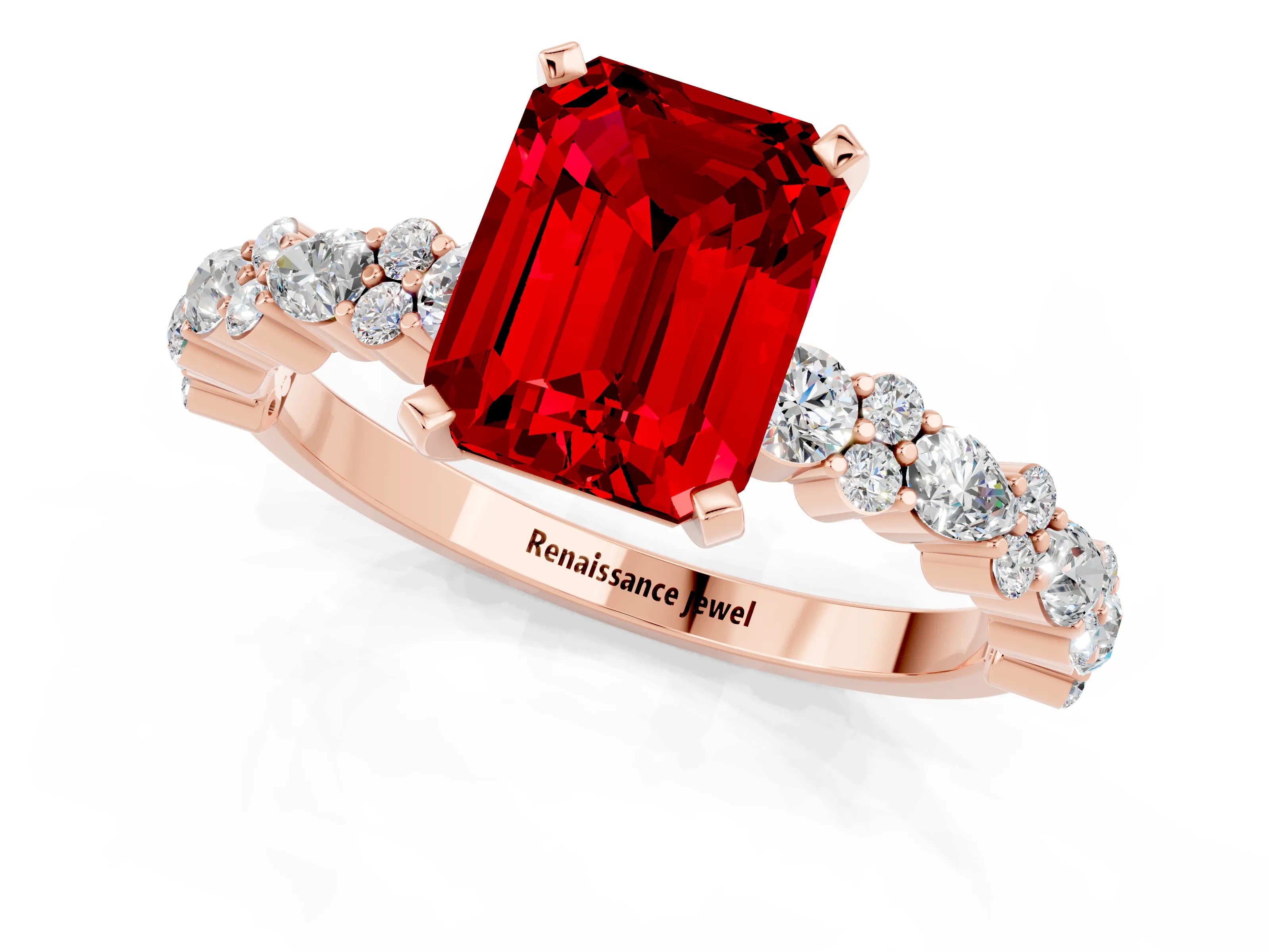 Rose gold Emerald Cut Ruby Solitaire with Side Stones, Pave Band, Four-Prong Setting_37