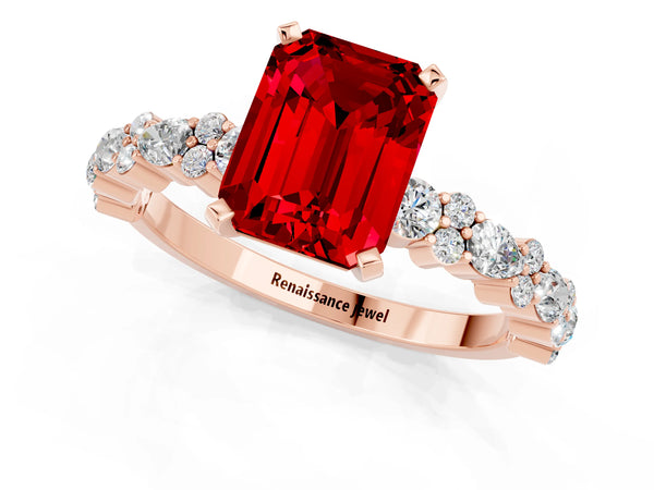 Rose gold Emerald Cut Ruby Side Stone Solitaire Ring with Round  and Four-Prong Setting