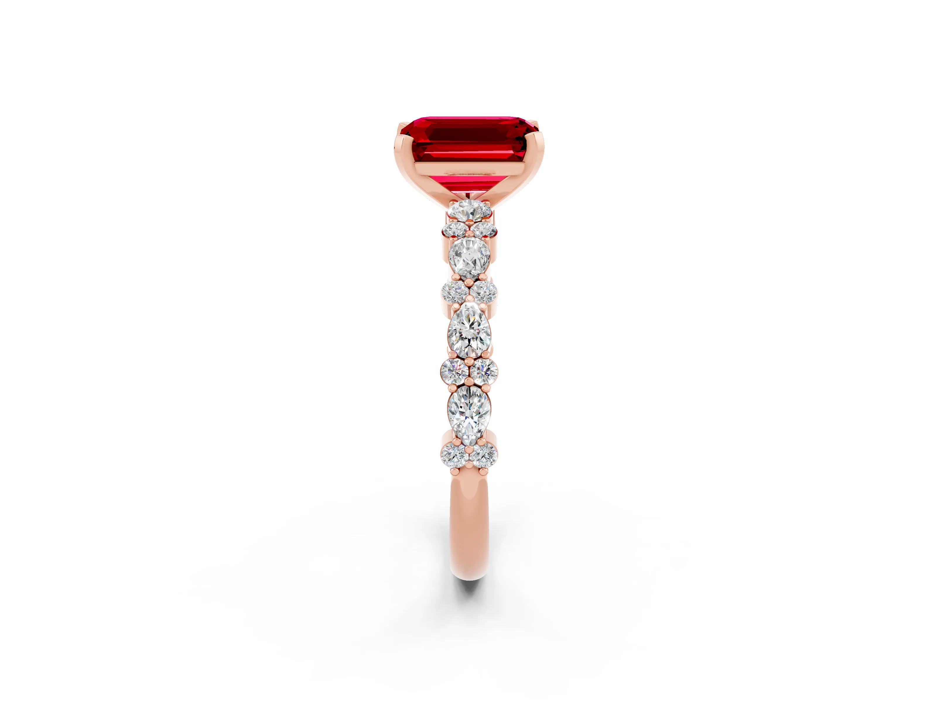 Rose gold Emerald Cut Ruby Solitaire with Side Stones, Pave Band, Four-Prong Setting_38