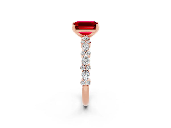 Rose gold Emerald Cut Ruby Side Stone Solitaire Ring with Round  and Four-Prong Setting