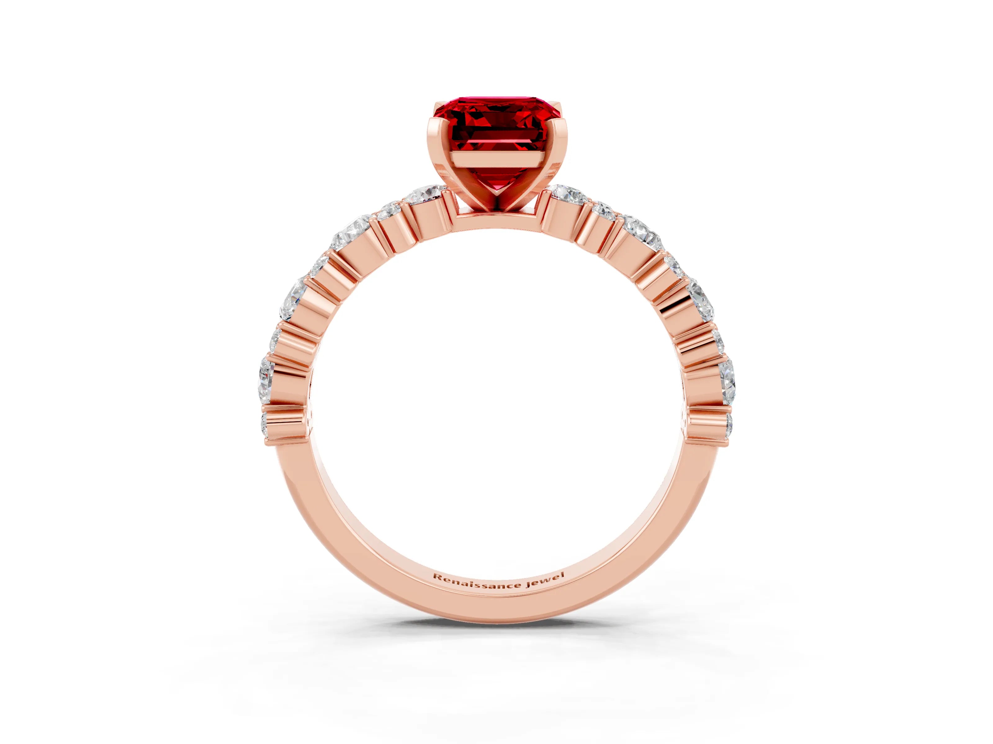Rose gold Emerald Cut Ruby Solitaire with Side Stones, Pave Band, Four-Prong Setting_39