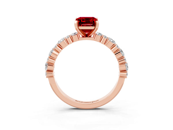 Rose gold Emerald Cut Ruby Side Stone Solitaire Ring with Round  and Four-Prong Setting